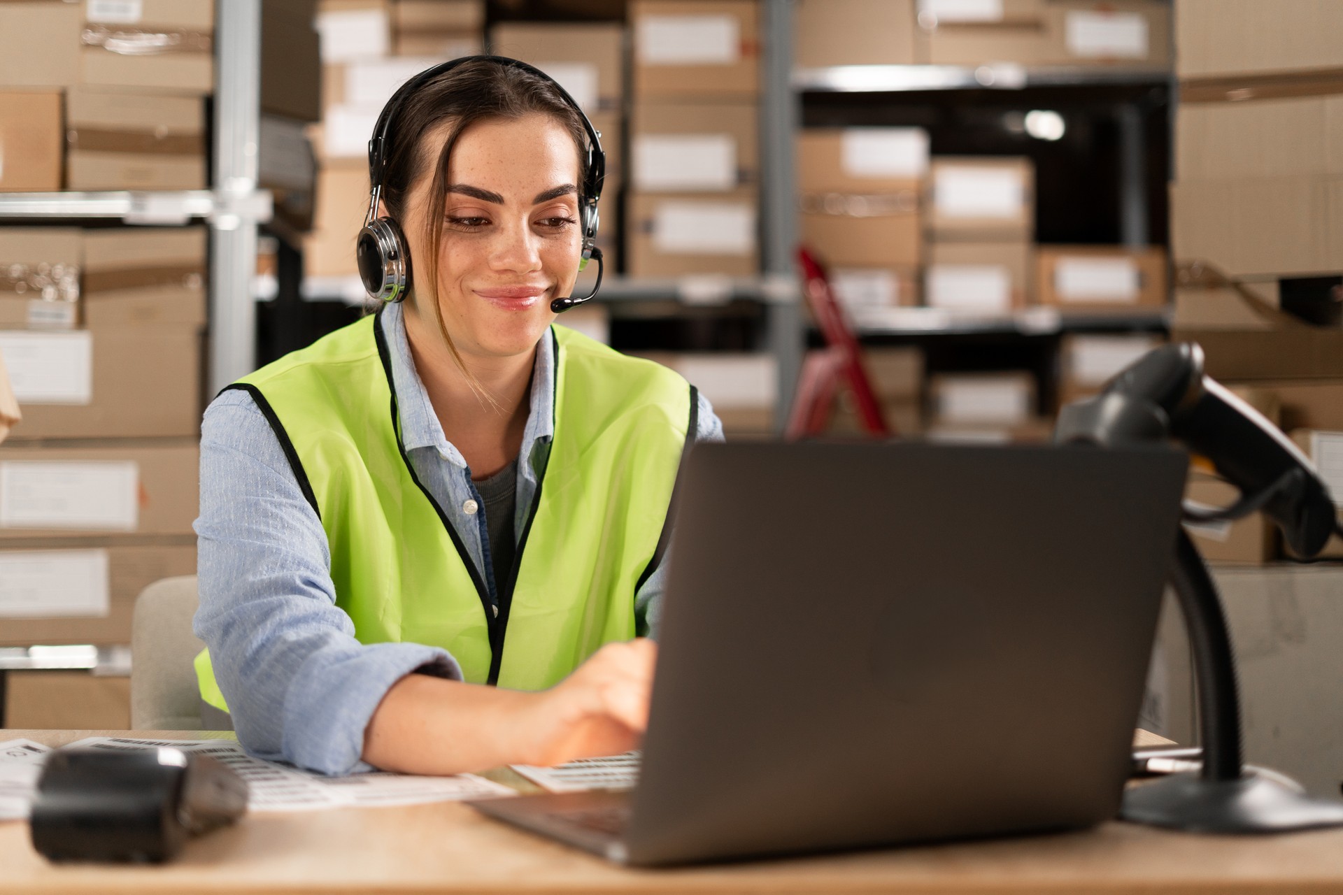 Portrait of a smiling warehouse staff listening and talking to a customer using a headset while working in a distribution warehouse. female call center or support operator working in online stores